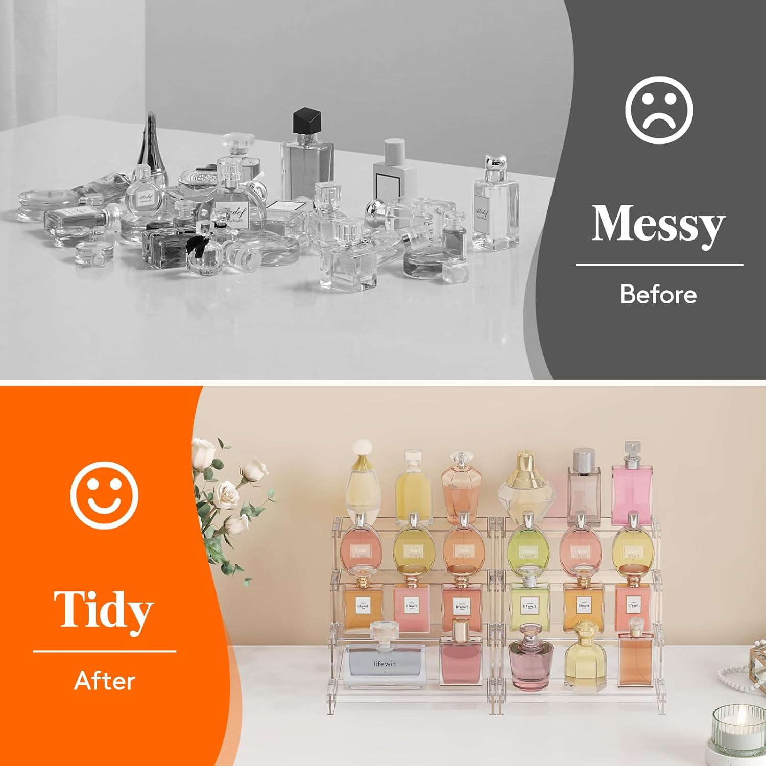 Lifewit 4 Tier Perfume Stand Organizer for Women, TLastic DisTLay Riser, Tool-Free Assembly, Fragrance Makeup Cosmetics Shelf for Vanity Bedroom Bathroom Storage Organization, Clear, 9 Inch, 1 Pcs