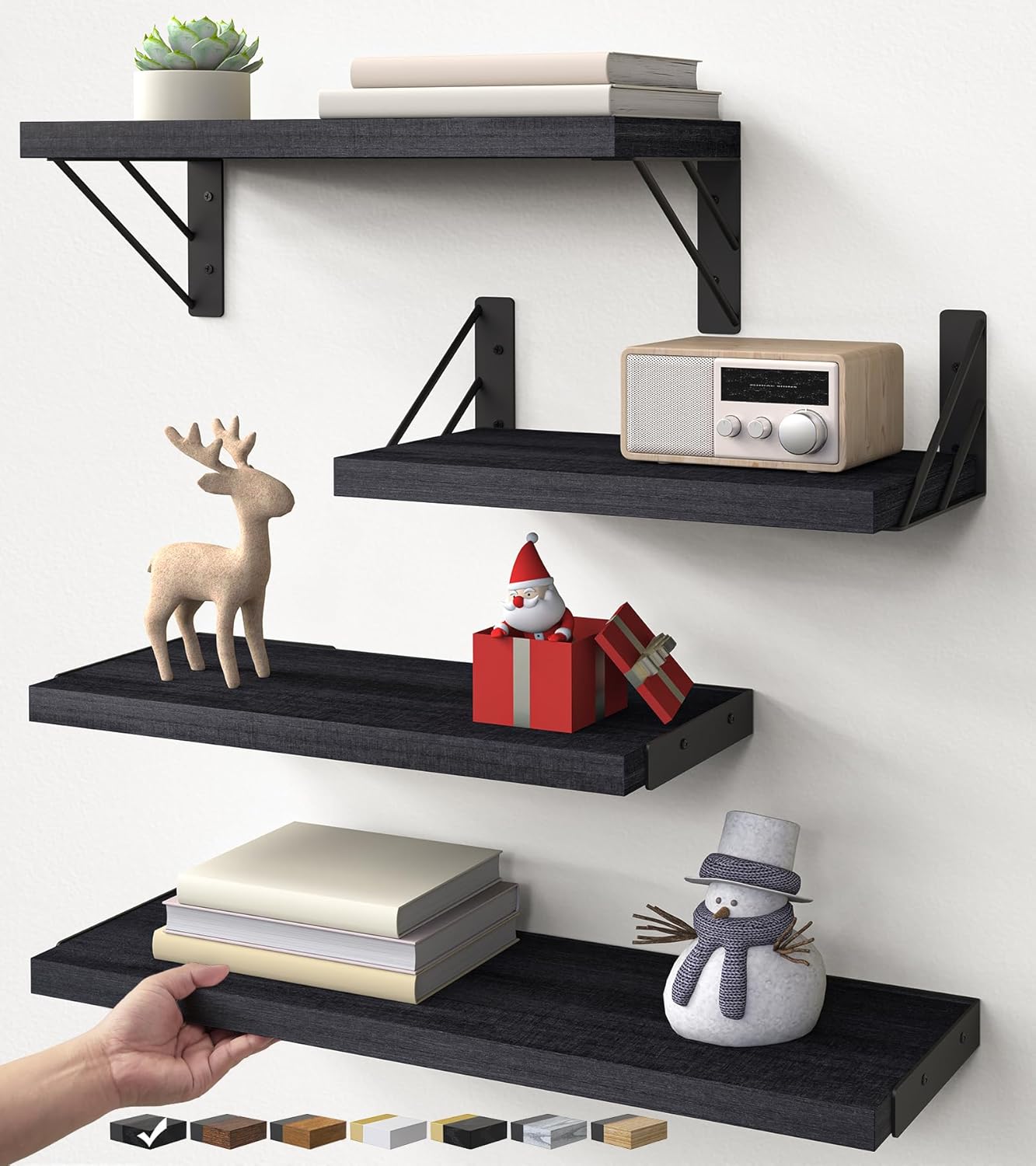 BAYKA Wall Mounted Floating Shelves, Wood Floating Wall Shelf for Books & Decor, Small Space-Saving DisTLay & Organizer（Black，Set of 4）