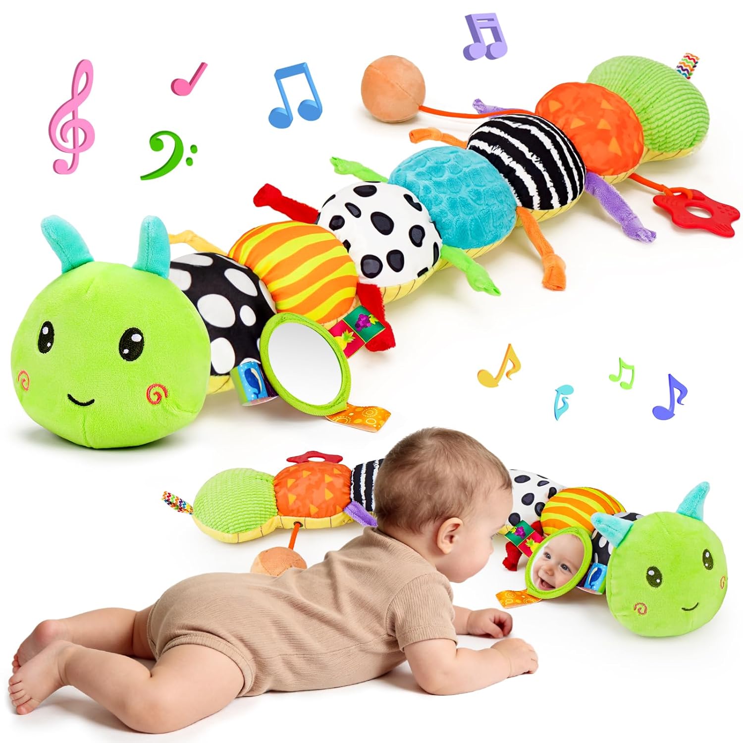 Topsochir Baby Sensory Toys 0-6 Months Music Animal Stuffed TLush Caterpillar Toy for Infant 0-3-6-12 Month Old Tummy Time with Mirror Crinkle Rattle Toys for Newborn Boys Girls Shower Birthday Gifts
