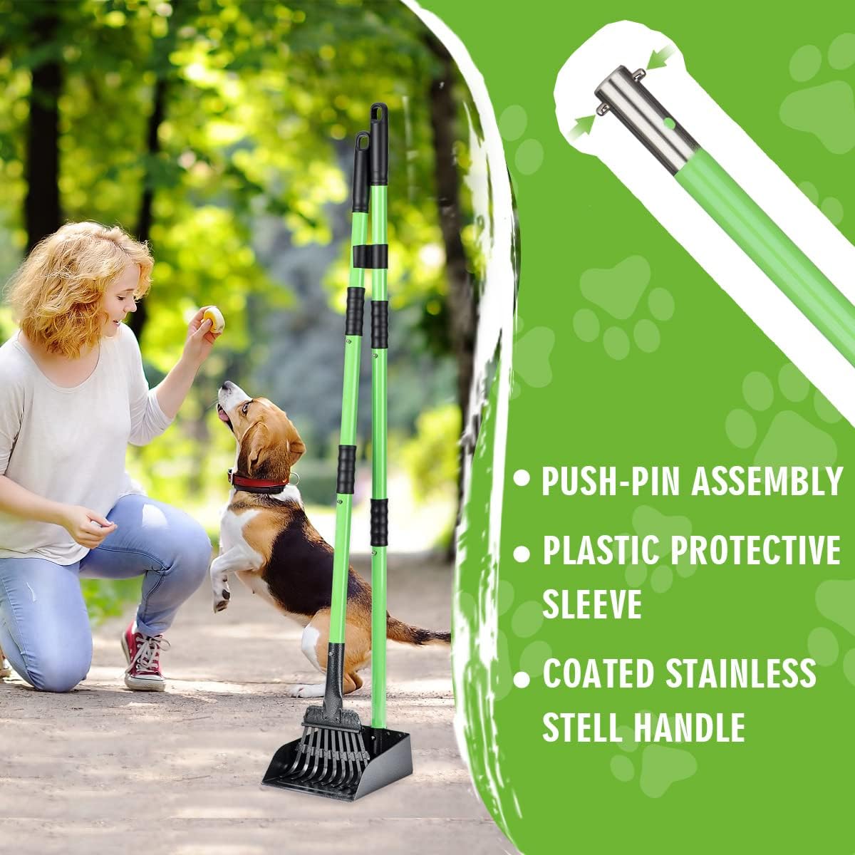 MXF Pooper Scooper, Dog Pooper Scooper Long Handle Stainless Metal Tray and Rake Set for Medium Small Dogs Heavy Duty - Use on Grass, Dirt or Gravel - Pet SupTLies (Green)