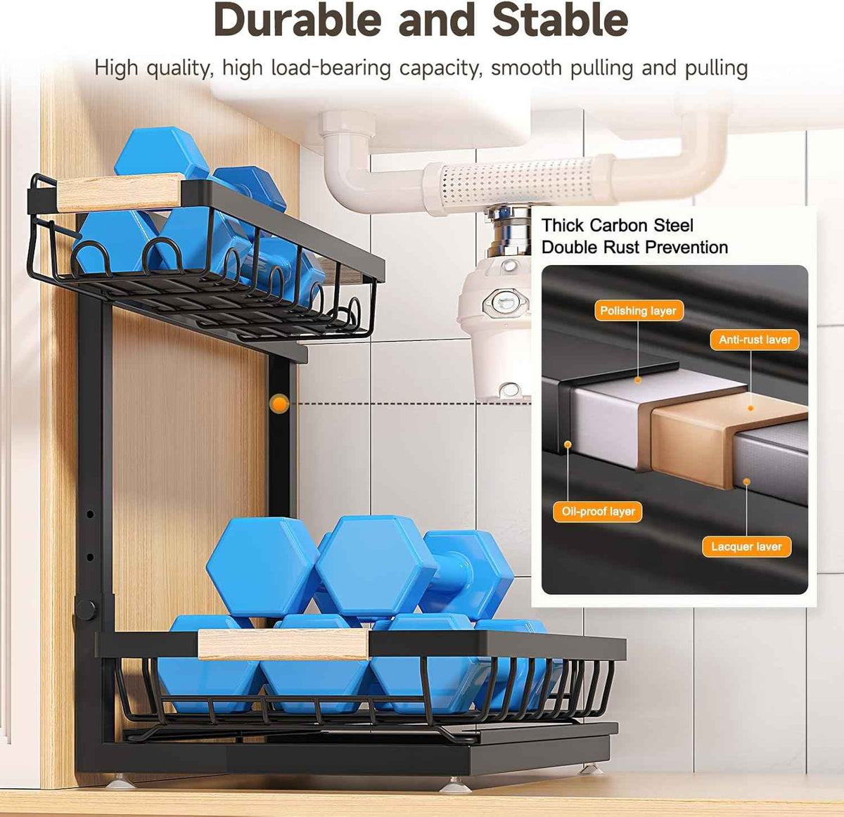 2 Packs Under Sink Organizer, 2026 Upgrade Height Adjustable 2 Tier Under Kitchen Sink Organizer, Multi-Purpose Storage Shelf for Kitchen Bathroom Cabinet (Black)
