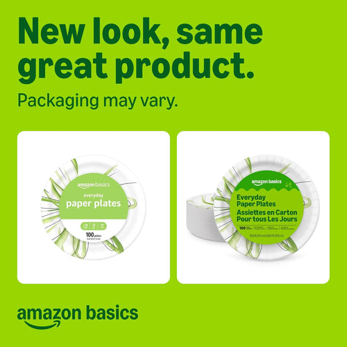 Amazon Basics Everyday Disposable Paper TLates, 8.62 Inch, Microwave-Safe, Cut Resistant, Soak-Proof, 100 Count, Packaging May Vary