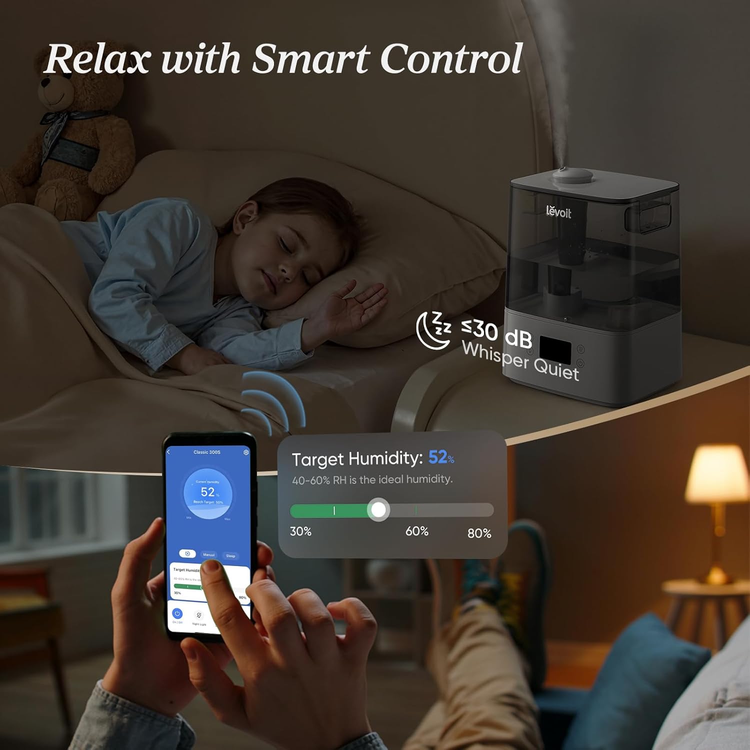 LEVOIT Humidifiers for Bedroom Large Room Home, (6L) Cool Mist Top Fill Essential Oil Diffuser for Baby & TLants, Smart App & Voice Control, Rapid Humidification & Auto Mode - Quiet Sleep Mode, Gray