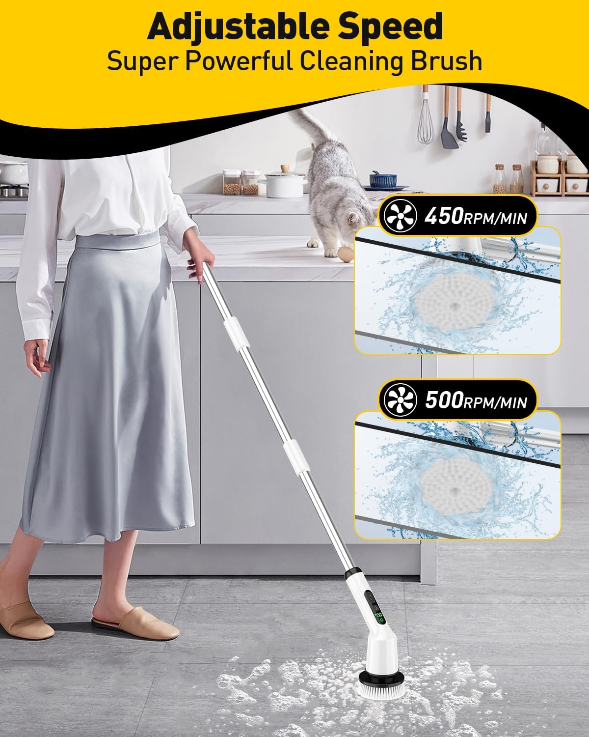 Electric Spin Scrubber for Cleaning Bathroom, Shower Scrubber Cordless Cleaning Brush with IPX7 Waterproof & 2 Speed, 3 Brush Heads, Bathroom Cleaning SupTLies for Shower Tub Kitchen Tile Toilet White