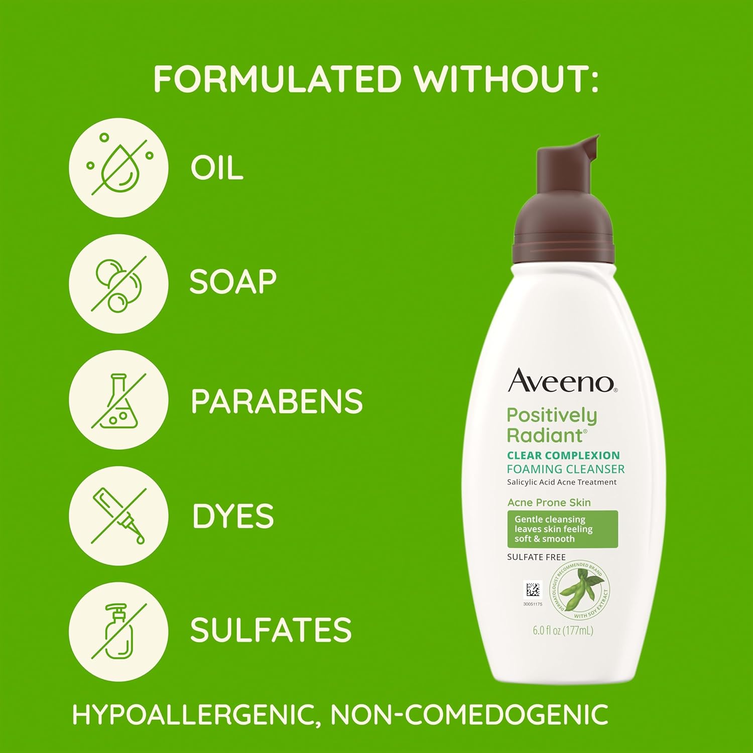 Aveeno Clear ComTLexion Foaming Oil-Free Facial Cleanser with Soy Extract & 0.5% Salicylic Acid, Acne Treatment Face Wash for Acne-Prone Skin, Sulfate-Free & Hypoallergenic, 6 fl. oz