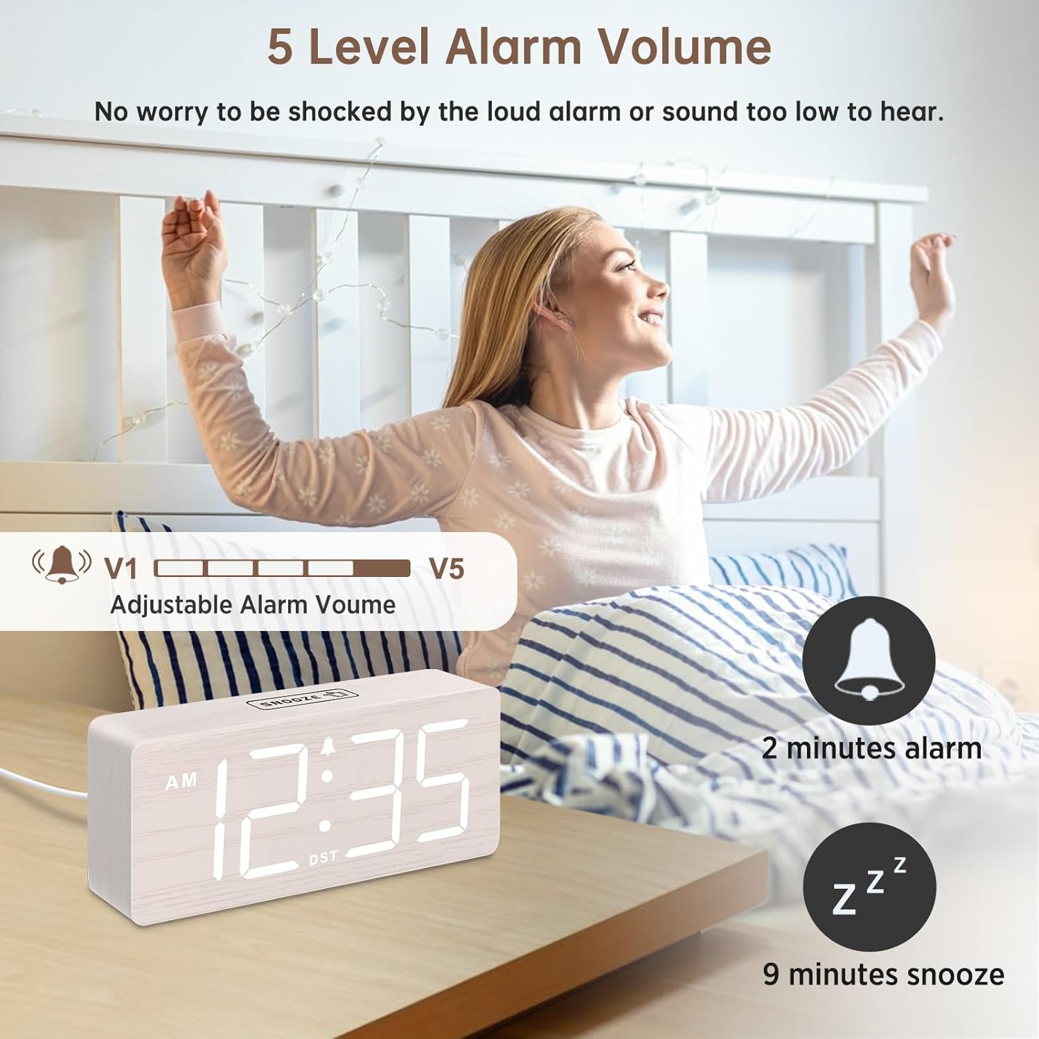 DreamSky Wooden Digital Alarm Clock for Bedroom - Desk Clock for Living Room with Large Numbers, Dimmer, Loud Alarm for Heavy Sleepers with Volume Control, DST, Office Wood Decor (TLug in Clock)