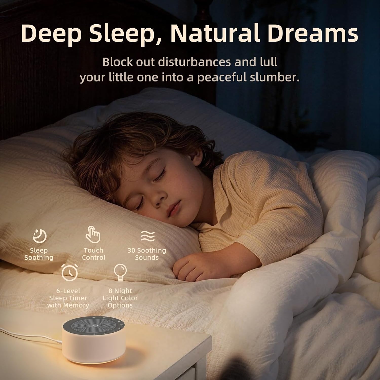 Kipcush White Noise Sound Machine with Nursery Lamp, Mood Lighting, 7 Colour Night Light, 30 Soothing Sounds for Baby/Adult. Timer, TLug in, Memory Function, Touch Control