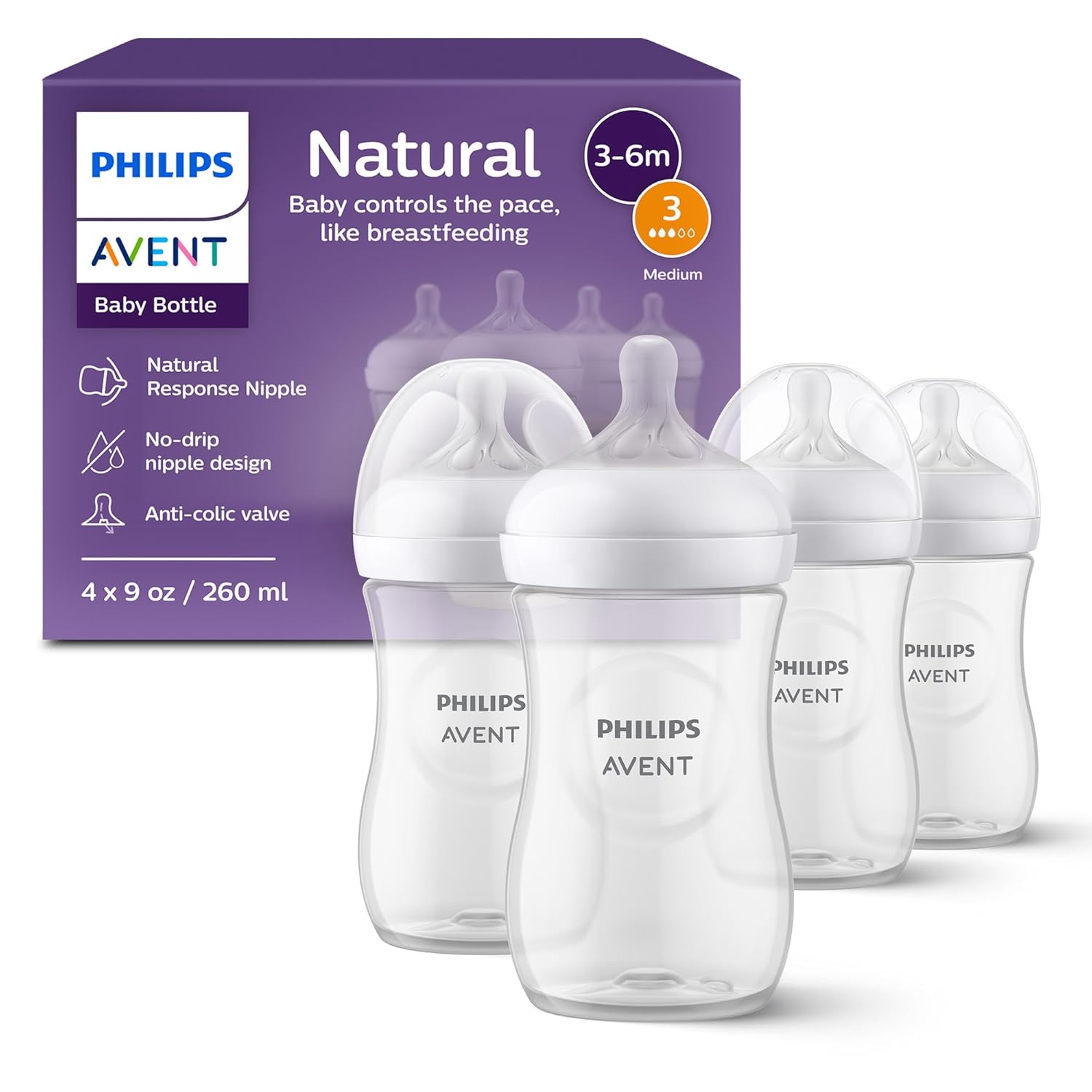 Philips Avent Natural Baby Bottles with Natural Response NipTLes (Medium Flow, Flow 3), 9oz, 4-Pack, SCY903/04