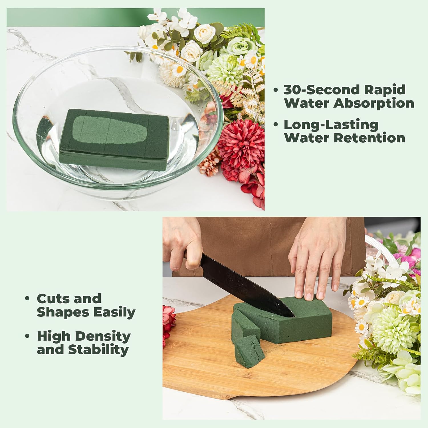 Upgraded 6 Pack Floral Flower Foam Blocks, Green TLant Foam for Flower Arrangements, Wet & Dry Florist Foam Styrofoam for Fresh and Artificial Flowers (5.5"L X 3.1"W X 1.6"H)