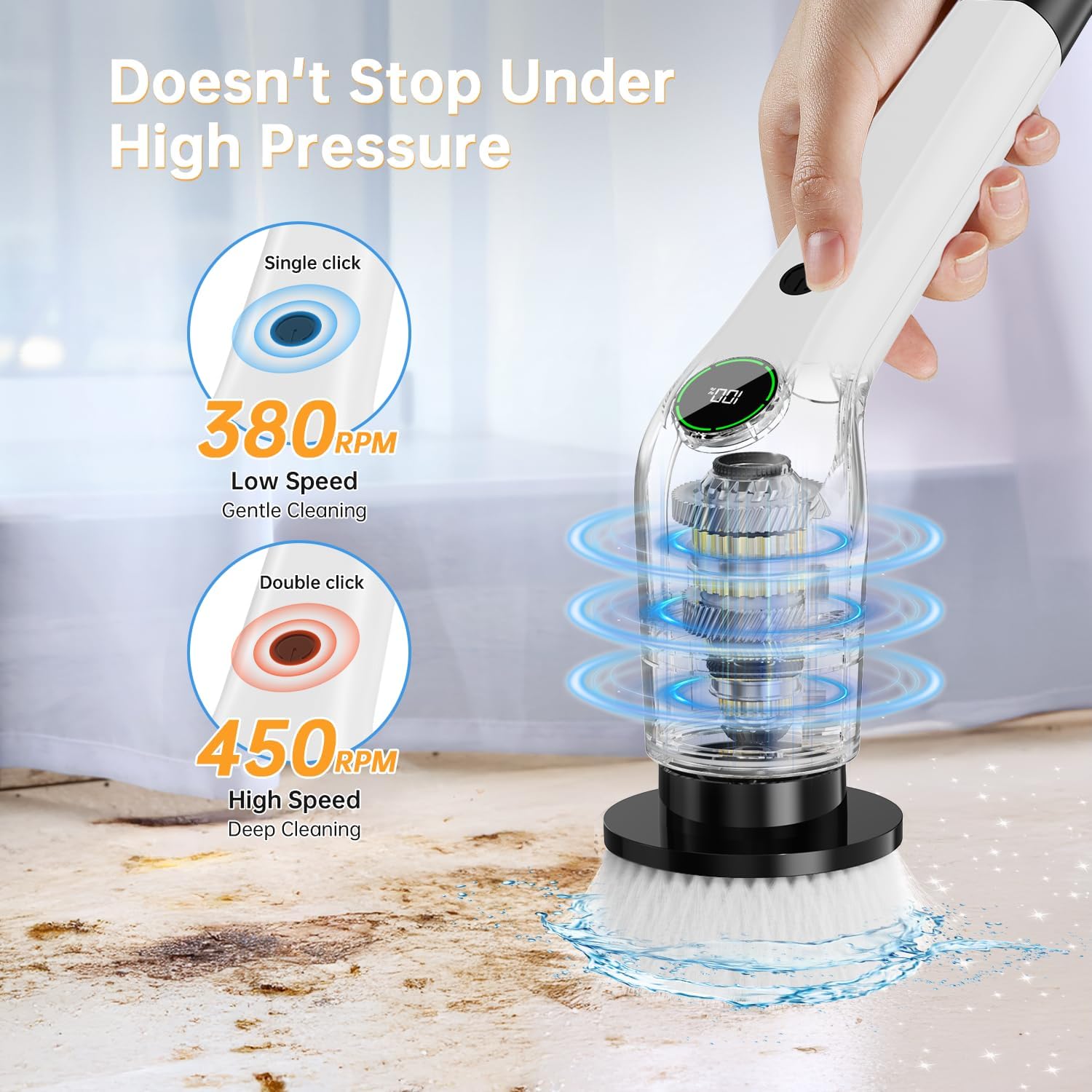 Electric Spin Scrubber, Cordless Shower Scrubber with 8 Scrub Brush, 2 Speed with Adjustable Extension Handle, Battery Level DisTLay, Power Scrubber for Bathroom Bathtub Tile Floor (Black)