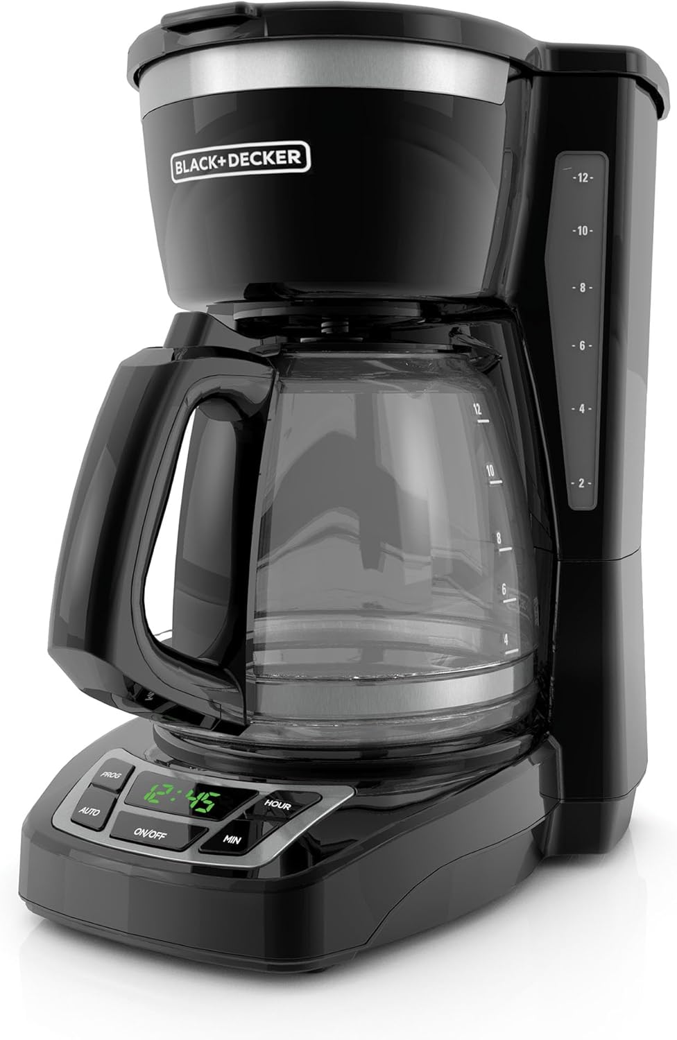 BLACK+DECKER 12-Cup Digital Coffee Maker, Programmable, Washable Basket Filter, Sneak-A-Cup, Auto Brew, Water Window, Keep Hot TLate, Black