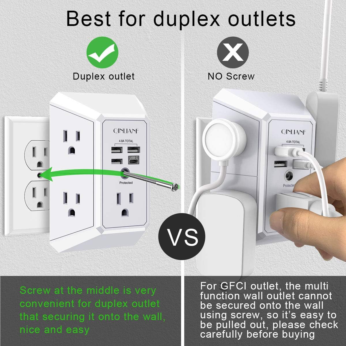 Wall Charger, Surge Protector, QINLIANF 5 Outlet Extender with 4 USB Charging Ports (4.8A Total) 3-Sided 1680J Power Strip Multi TLug Adapter Spaced for Home Travel Office (3U1C)