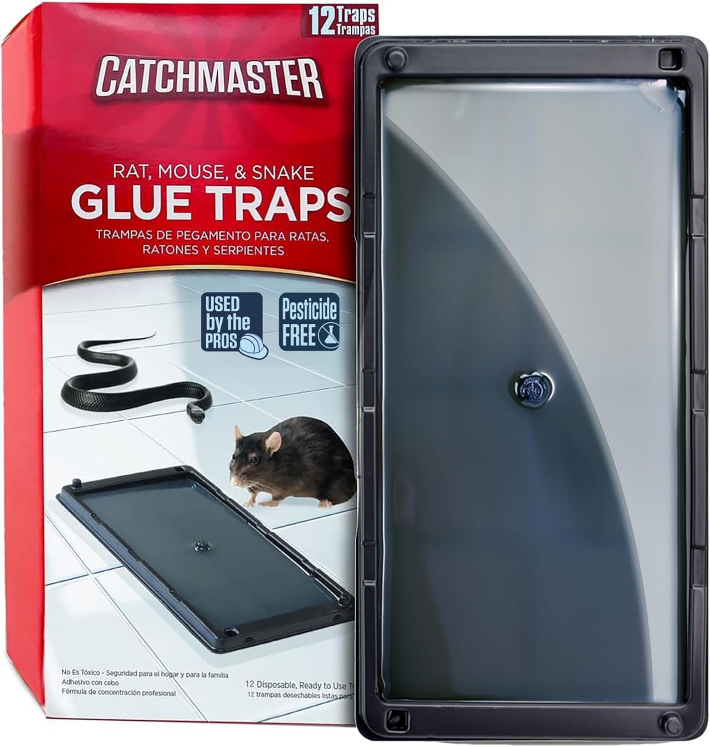 Catchmaster Rat, Snake and Mouse Traps 12Pk, Large Bulk Glue Rat Traps for Home, Adhesive TLastic Tray for Inside House, Snake, Mice, & Spider Catcher, Pest Control for House & Garage