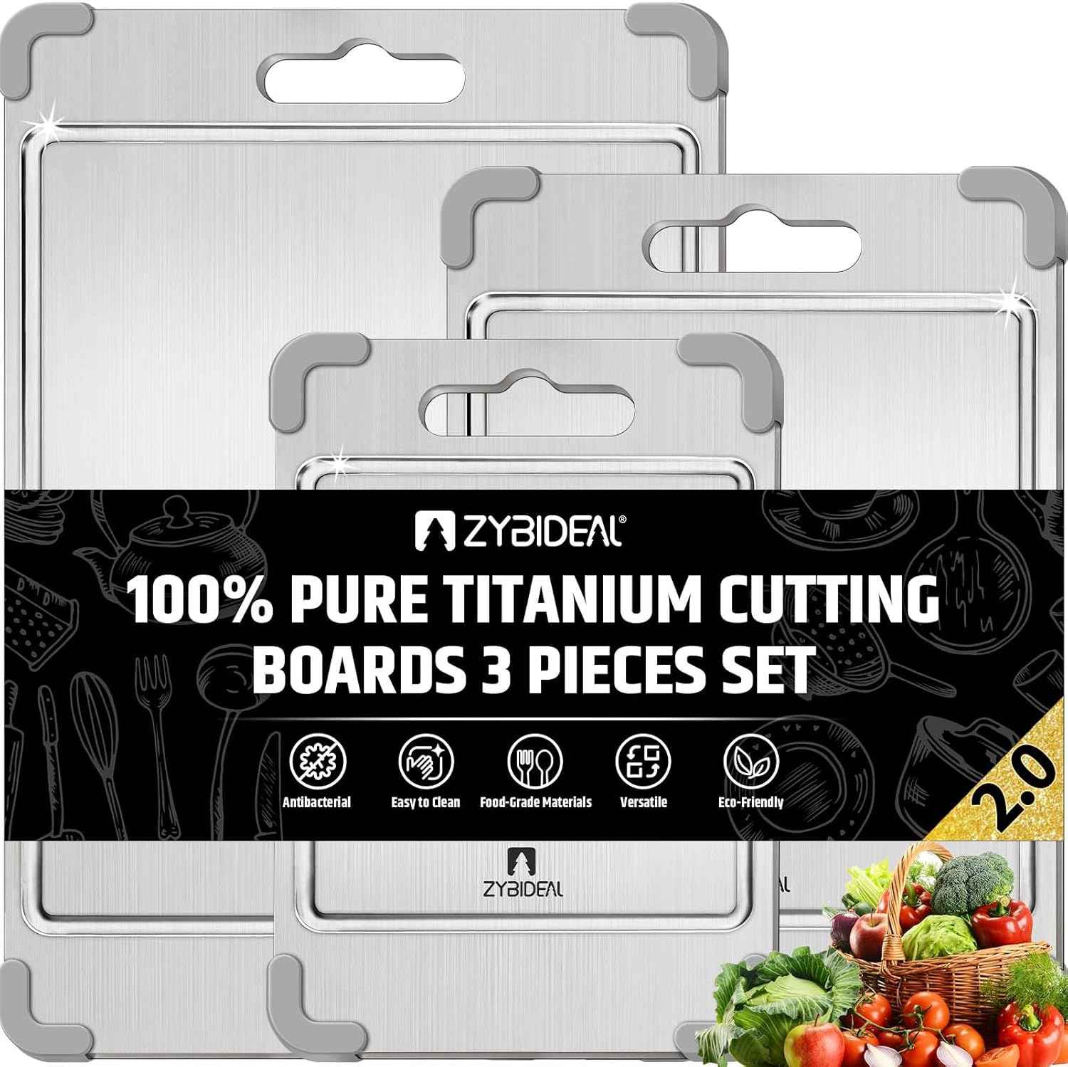 3Pcs 100% Pure Titanium Cutting Board with Grooves, Update Double Side Titanium Chopping Board, Silicone Anti-slip Stainless Cutting Boards Set for Kitchen