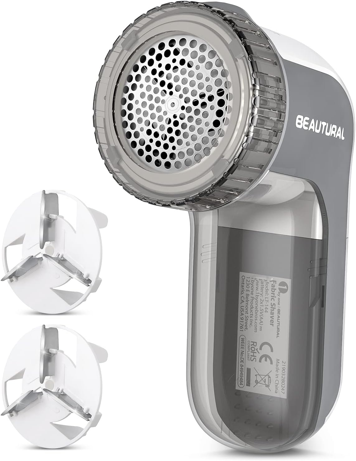 BEAUTURAL Fabric Shaver and Lint Remover, Sweater Defuzzer with 2-Speeds, 2 ReTLaceable Stainless Steel Blades, Battery Operated, Remove Clothes Fuzz, Lint Balls, Pills, Bobbles Gray
