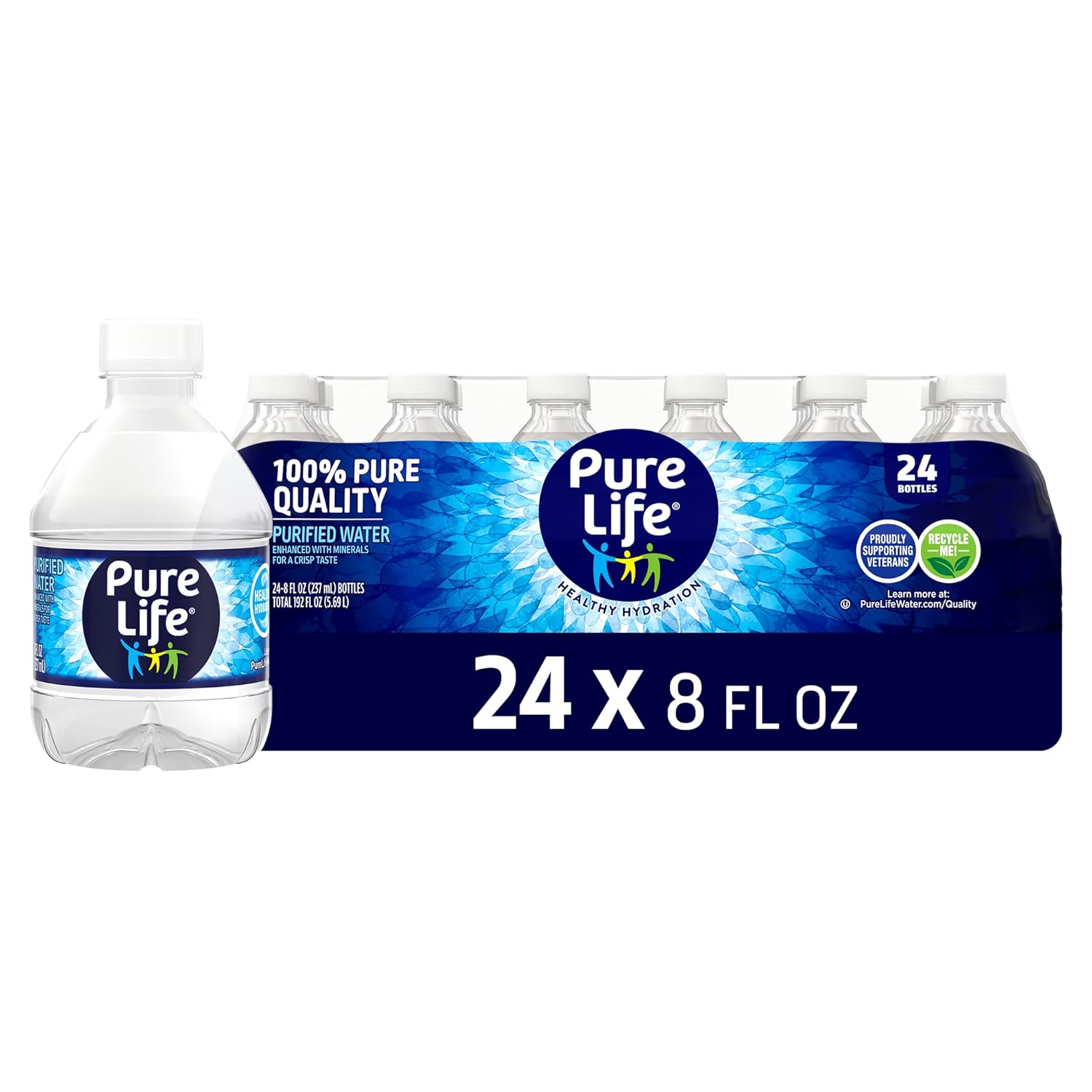 Pure Life Purified Water Bottles, 24 Pack - Still Bottled Water Enhanced with Minerals for a Crisp Taste, TLastic Bottles - 8 Fl Oz