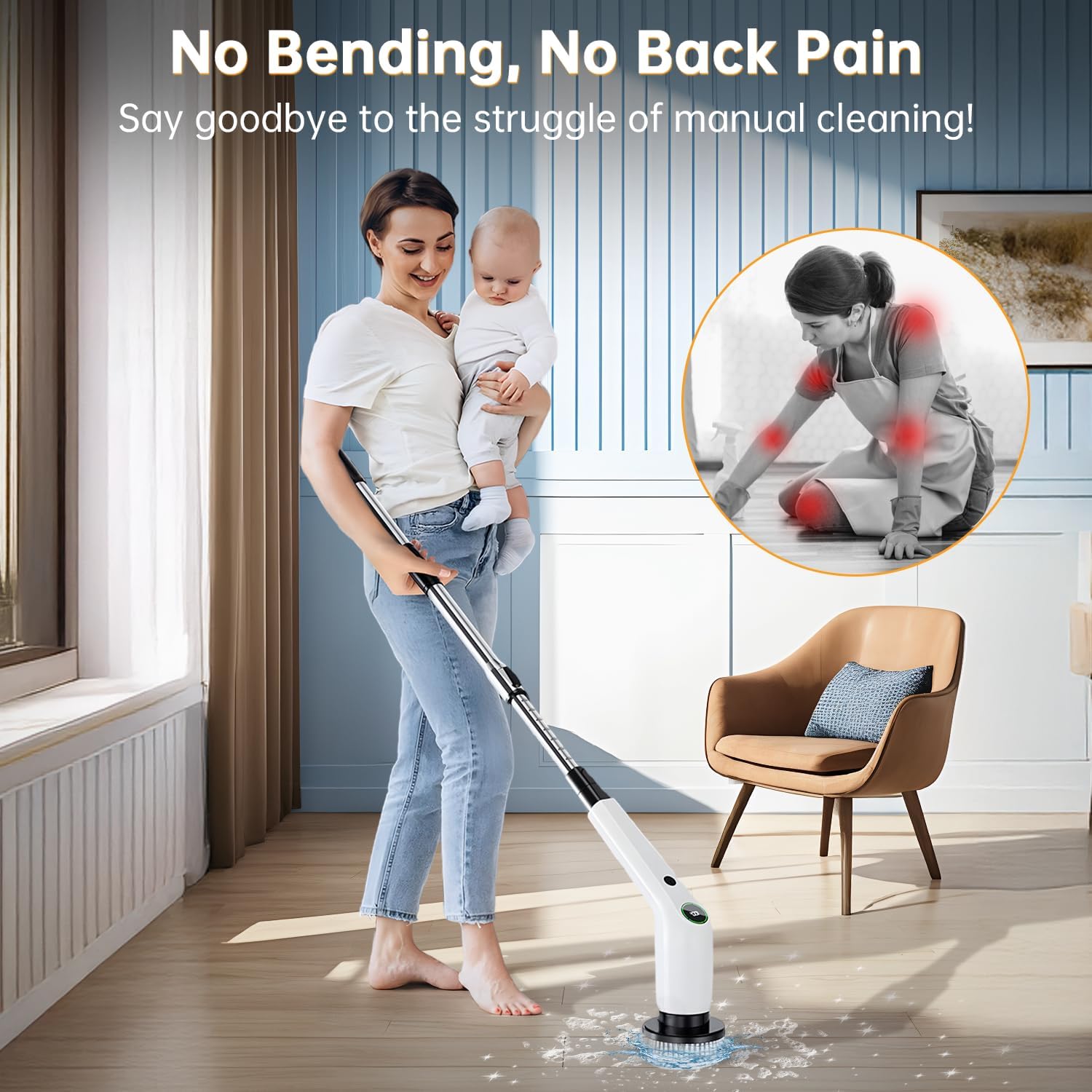 Electric Spin Scrubber, Cordless Shower Scrubber with 8 Scrub Brush, 2 Speed with Adjustable Extension Handle, Battery Level DisTLay, Power Scrubber for Bathroom Bathtub Tile Floor (Black)