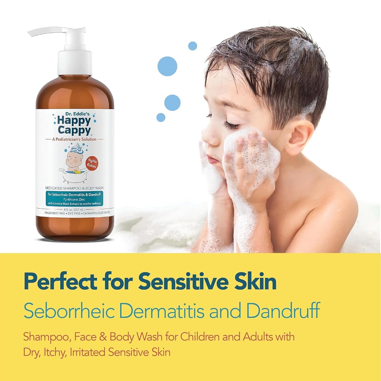Happy Cappy Medicated Shampoo and Body Wash- Baby Dandruff Shampoo, Helps Cradle Cap and Seborrheic Dermatitis, Reduces Flakes and Redness, Dermatologist Tested, Fragrance-Free - 8 Fl Oz
