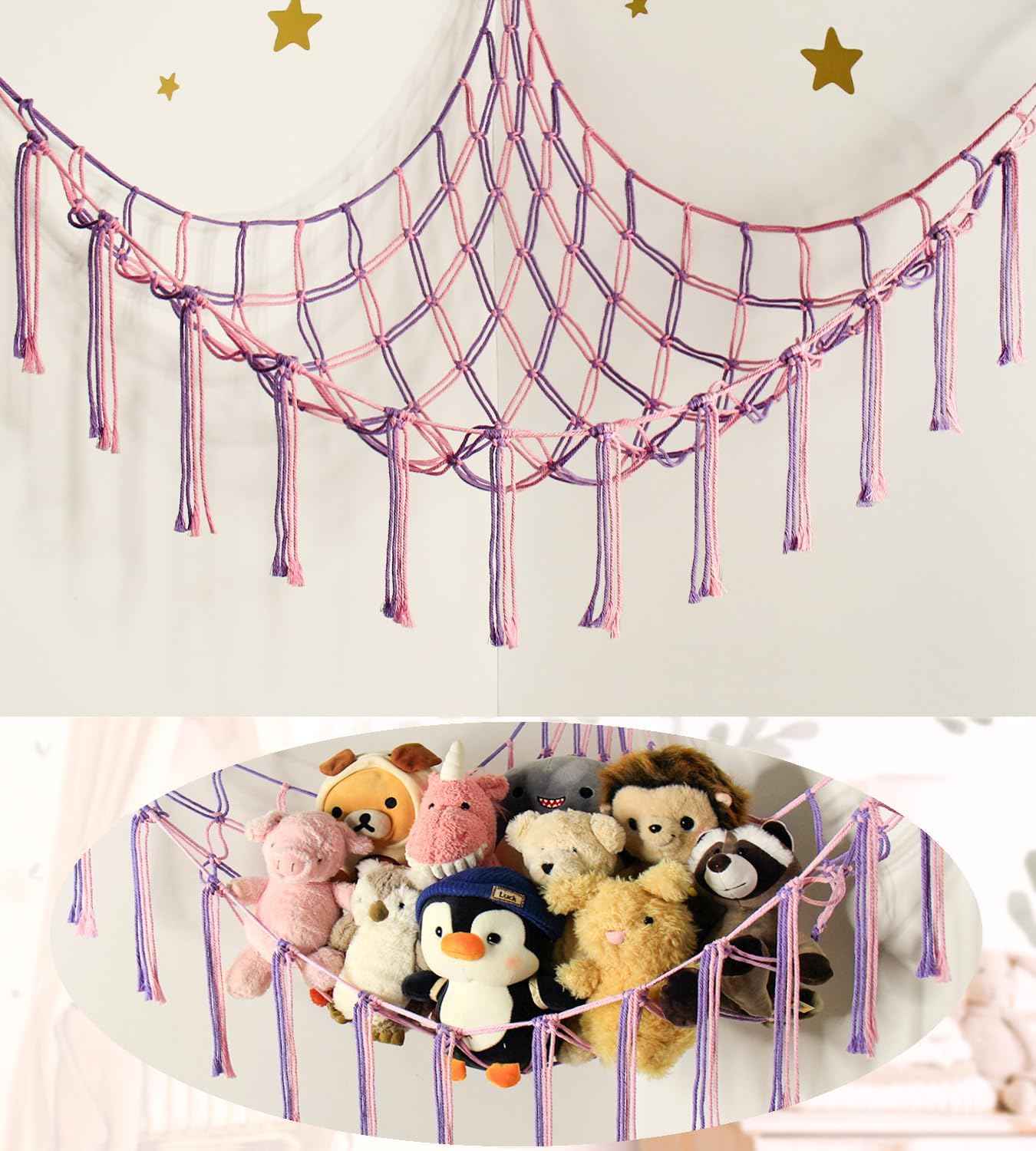 Stuffed Animal Hammock Corner Storage Net Cute Preppy Trendy Stuff Gifts for Teen Girls Baby Room Living Room House Wall Nursery Decor Rainbow Color Colorful Unicorn Hanging Organizers Organization