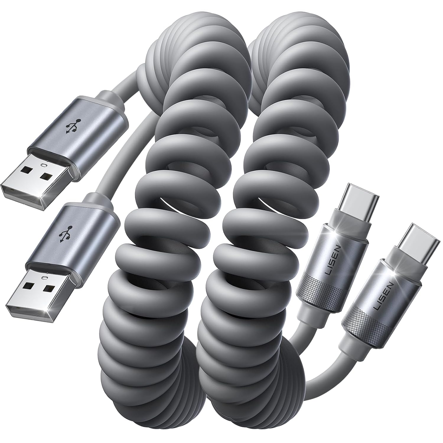 LISEN Coiled USB C Cable, 2 Pack for Android Auto & CarTLay Cable, Durable Short USB A to USB C Cable Gifts for Men Women Compatible with iPhone 17/16/15, Samsung Galaxy S25/S24/S23 A15/A14, Gray 4FT