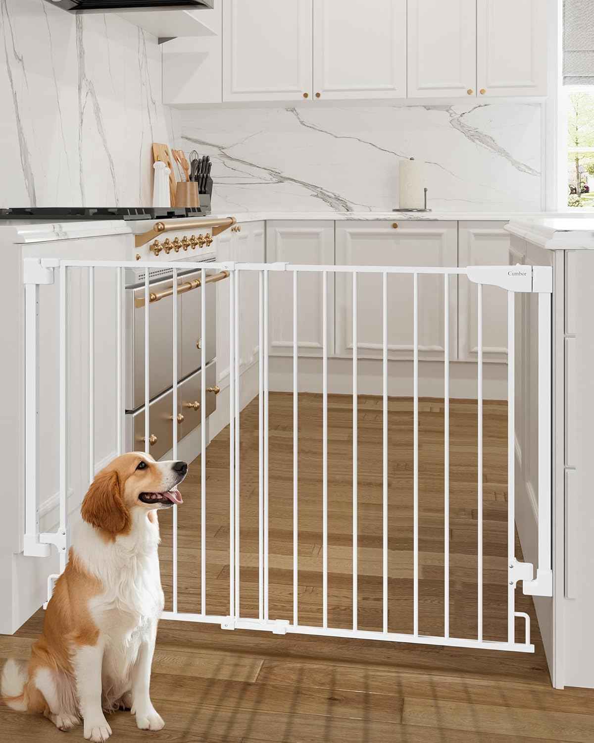 Cumbor 29.2–43" Baby Gate for Stairs, Wall-Mounted (Drill Required), Expandable No Bottom Bar Dog Gate, Auto Close Extra Wide Walk Thru, Pet & Toddler Proof Gate, Top & Bottom of Stairways (White)