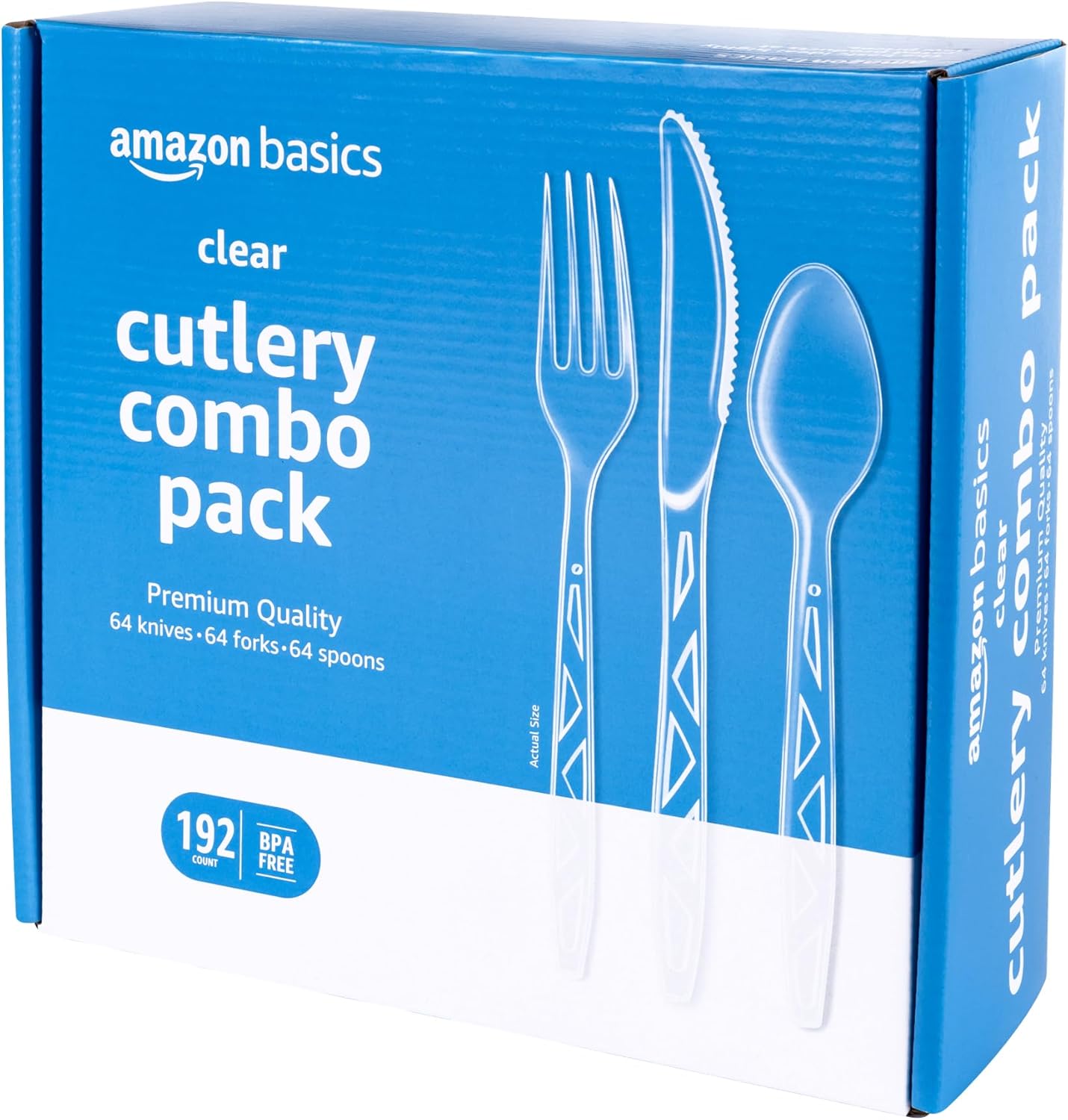 Amazon Basics Disposable Clear TLastic Cutlery Set, Premium Quality, Strong, 192 Count, Large Combo Pack Forks, Spoons and Knives