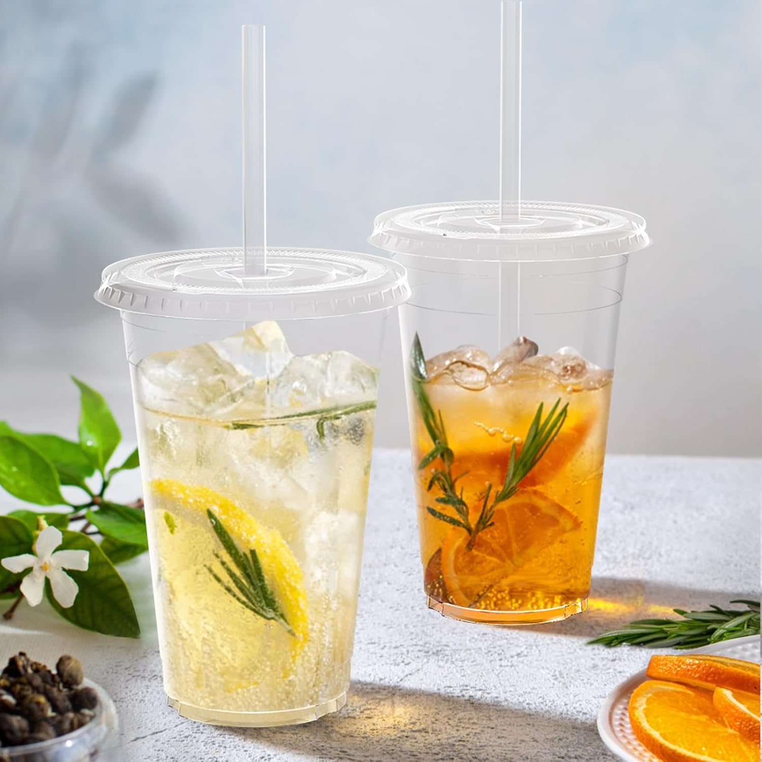100 Pack - 20 oz Clear TLastic Cups with Lids and Straws, Sturdy & Food Safe Iced Coffee Cups with lids, Disposable TLastic Smoothie Cups for Cold Drinks