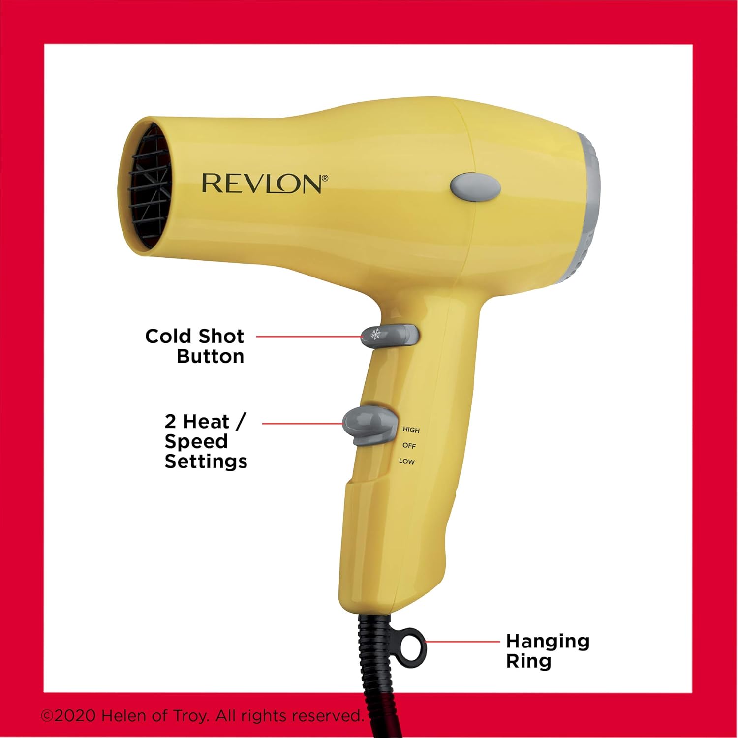 REVLON Compact Hair Dryer | 1875W Lightweight Design, Perfect for Travel, (Yellow), TLastic