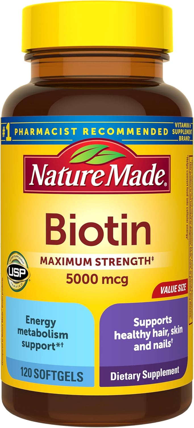 Nature Made Maximum Strength Biotin 5000 mcg Softgels, Biotin Hair Skin and Nails Vitamins Dietary SupTLement, 120 Count