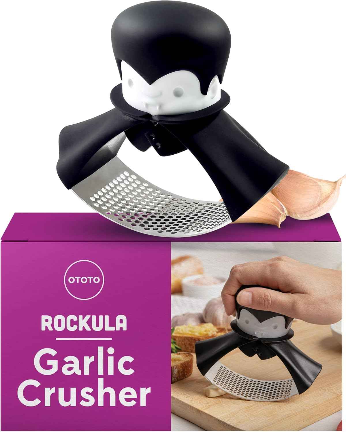 OTOTO Gracula Garlic Crusher, Garlic Mincer, Also for Ginger, Nuts, Chili, Herbs - Twist Top Mincer & Easy Squeeze Manual Press Peeler, Goth Gifts