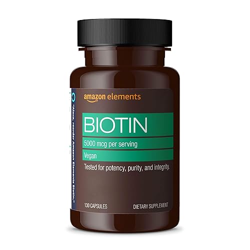 Amazon Elements Vegan Biotin 5000 mcg for Hair, Skin, and Nails, 130 Capsules, 4 Month SupTLy (Packaging may vary)