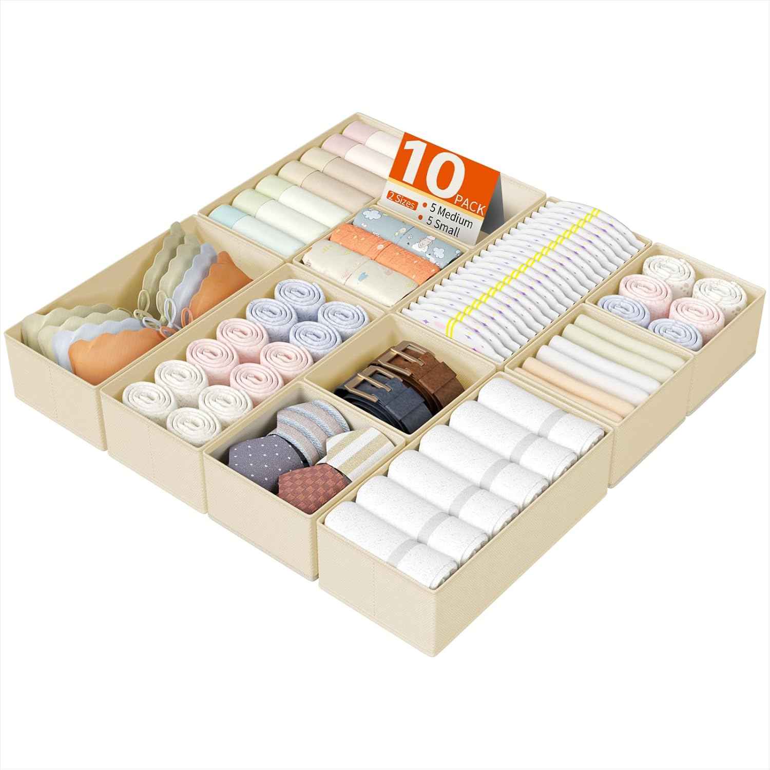DIMJ Drawer Organizers Clothes, Set of 4 Dresser Organizer Bins, Fabric Closet Organizers and Storage, Shallow Drawer Dividers for Nursery, Clothing, Baby Clothes, Socks, Underwears, Tie (Beige)