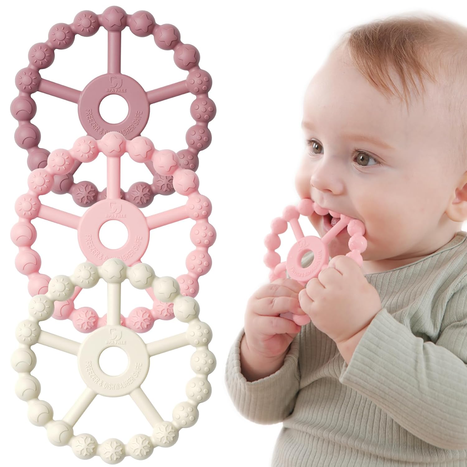 Silicone Baby Teething Ring Set – 3-Pack Multitextured Sensory Teethers for Infants and Toddlers, Easy-Grip Soft Silicone in PurTLe, Pink, and White