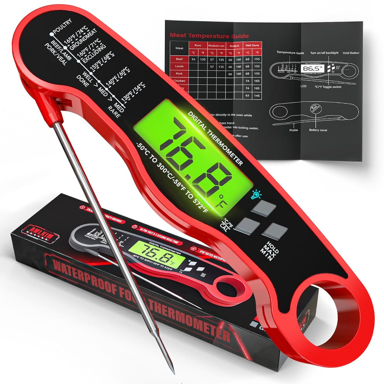 Meat Thermometer Digital - Instant Read Waterproof Food Thermometer with Backlight for Cooking, Grill, Candy, Kitchen & Stocking Stuffers for Men - Red