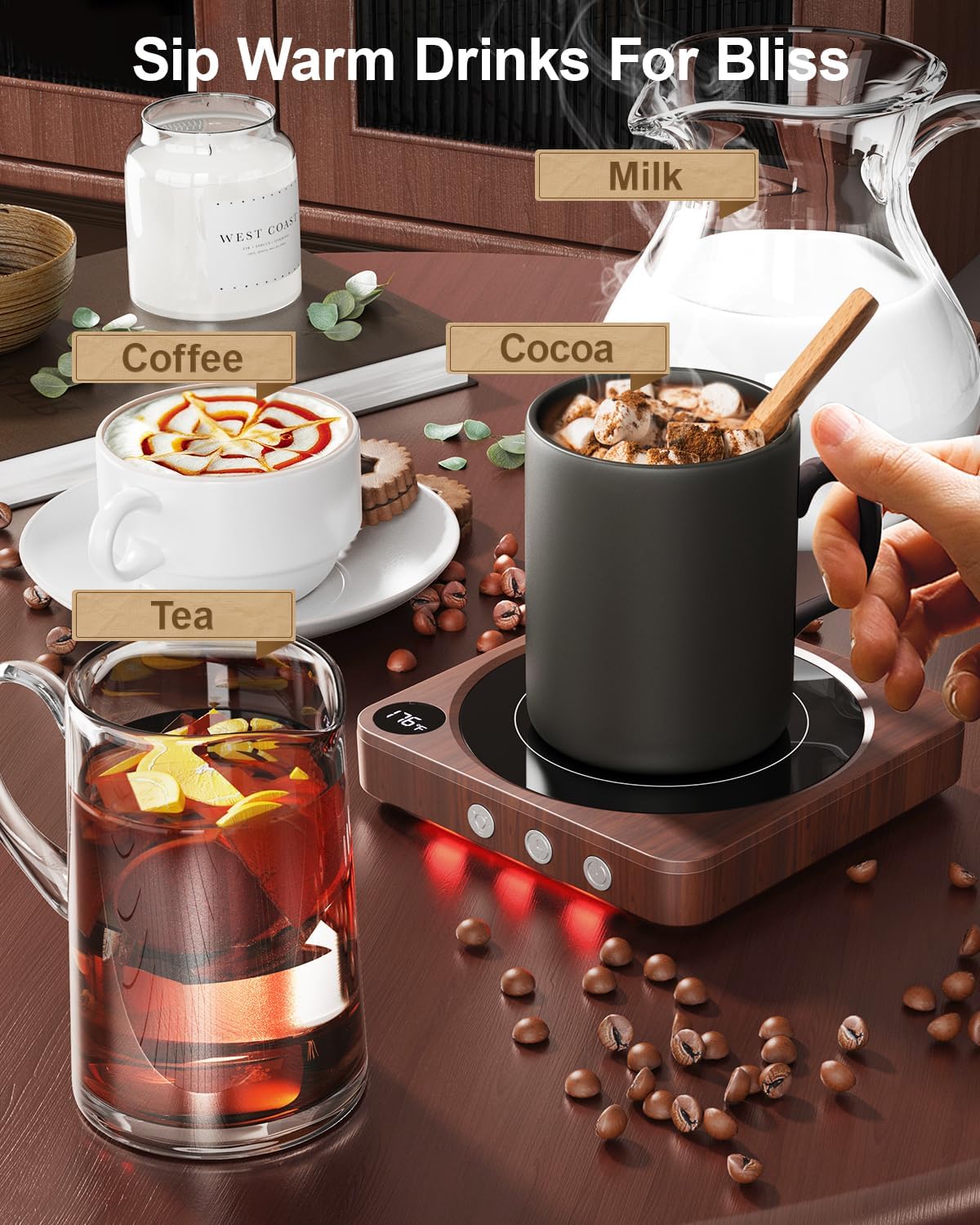Mug Warmer - 36W Coffee Mug Warmer for Desk with Temperature DisTLay, 2-12Hrs Auto Shut Off, Smart Candle Warmer - Ideal Coffee Gifts Accessories Keep Beverages Coffee Warmer (Wood) (Wood)