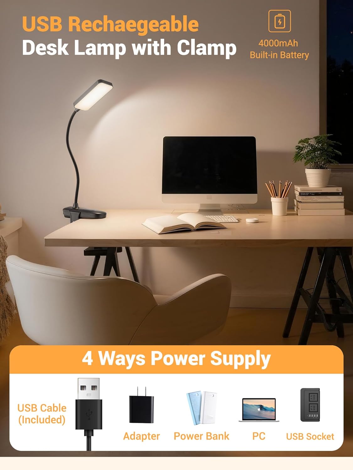 Clip on Light,9 Brightness+5 Color Rechargeable Desk Lamp,4000mAh Battery Operated Lights,450 Lumen 48 LED Desk Lamp with Clamp Light,Cordless Reading Lamps for Bed/Headboard/Bedside Table