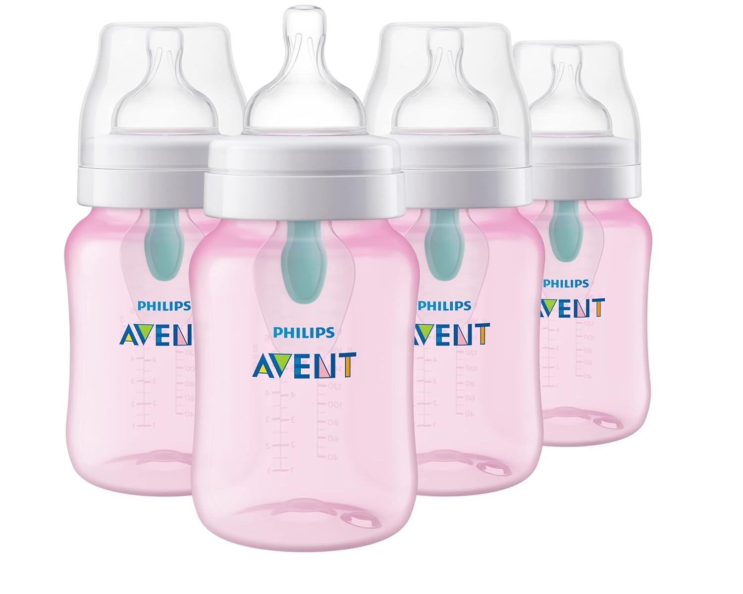 Philips Avent 9oz Anti-Colic Baby Bottle with AirFree Vent, 4pk, Clear, Flow 2 Nipples, 1m+