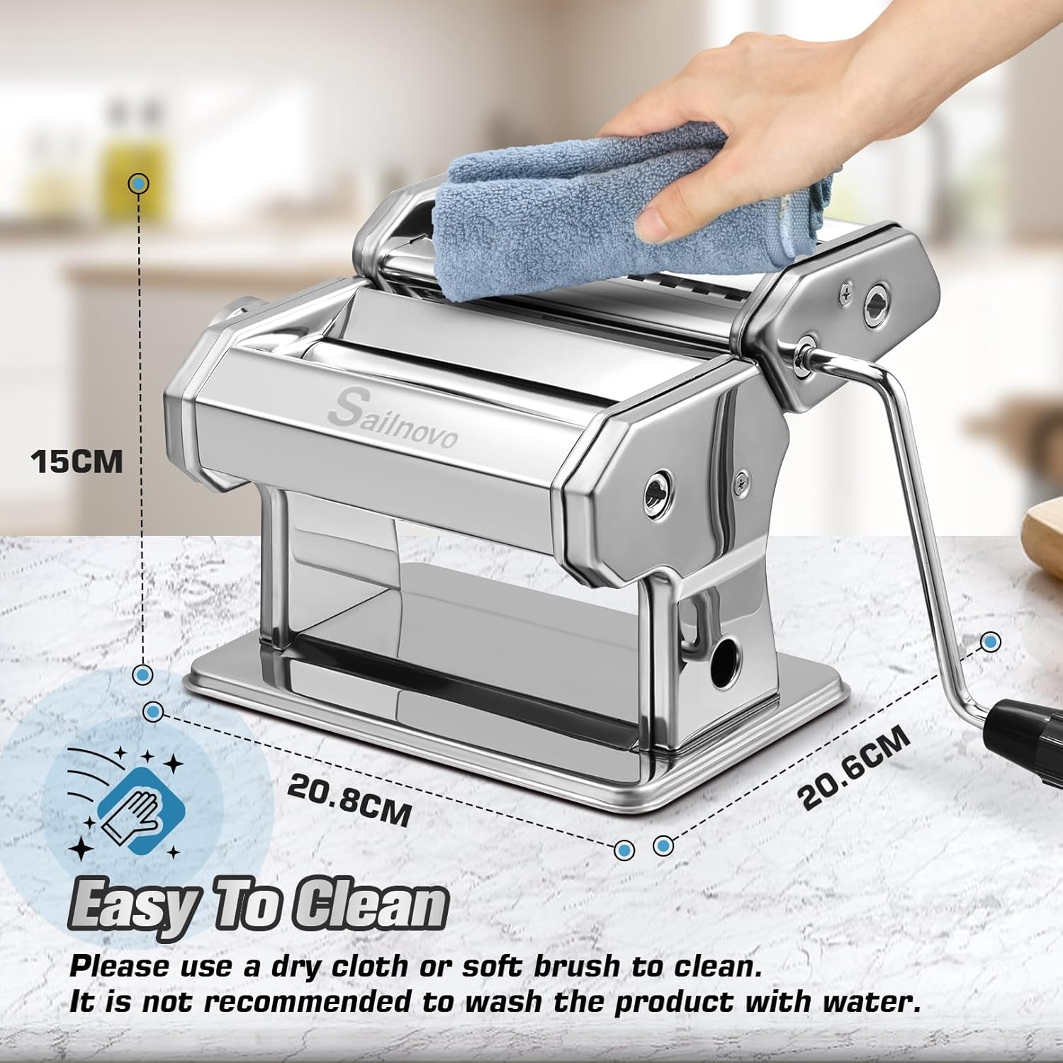 Sailnovo Pasta Maker Machine, 180 Roller Pasta Maker, 9 Adjustable Thickness Settings 2-in-1 Noodles Maker with Rollers and Cutter, Perfect for Spaghetti, Fettuccini, Lasagna or DumTLing Skin Silver