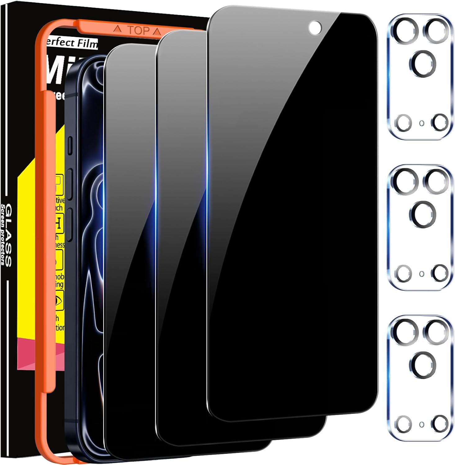 Milomdoi 3 Pack Privacy Screen Protector for iPhone 17 Pro Max [Phone Case Friendly] Accessories Private Film, 3 Pacs Tempered Glass Camera Lens Protector, with Mounting Frame for ApTLe Anti Spy,Black