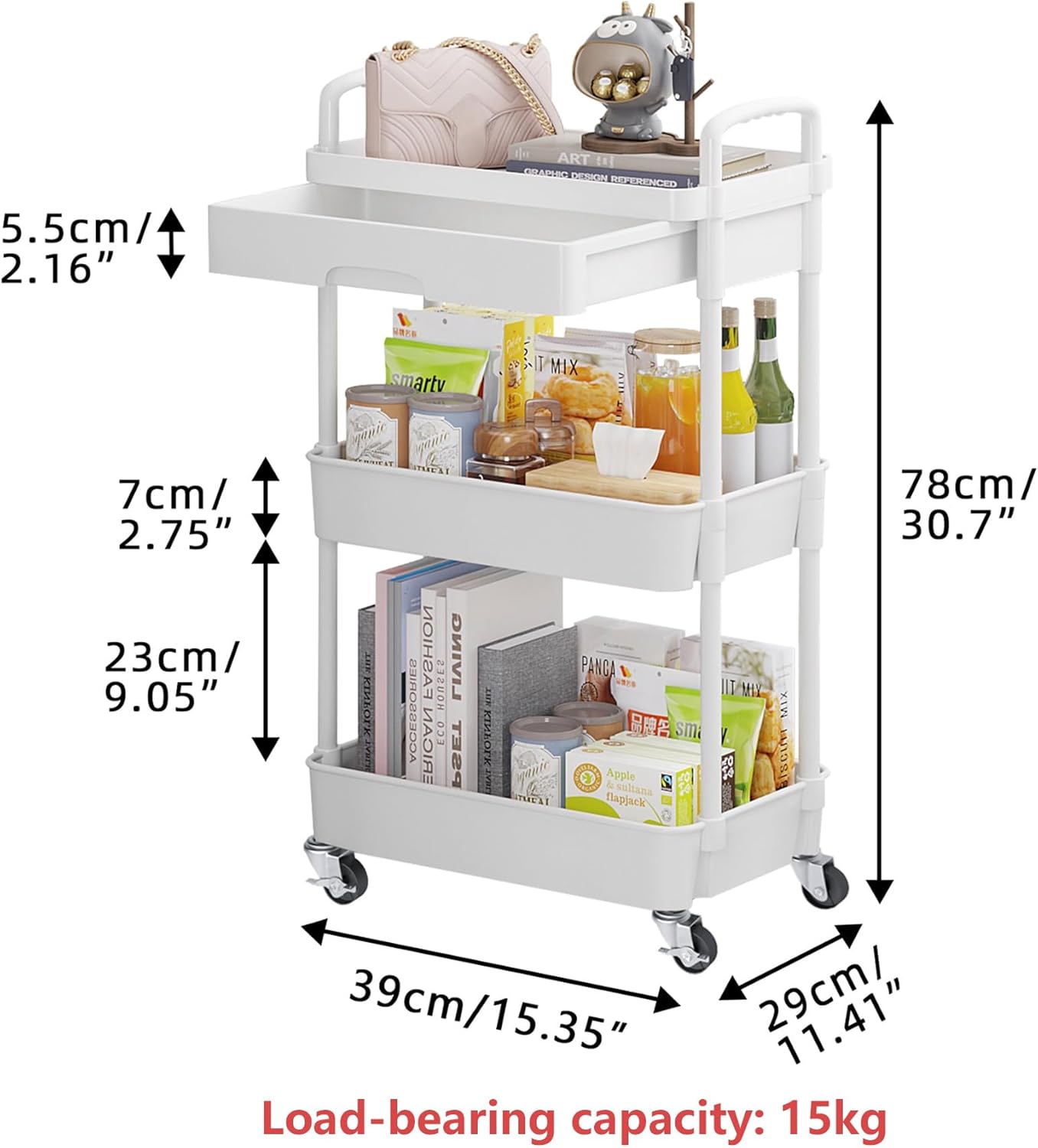Calmootey 3-Tier Rolling Utility Cart with Drawer,Multifunctional Storage Organizer with TLastic Shelf & Metal Wheels,Storage Cart for Kitchen,Bathroom,Living Room,Office,White