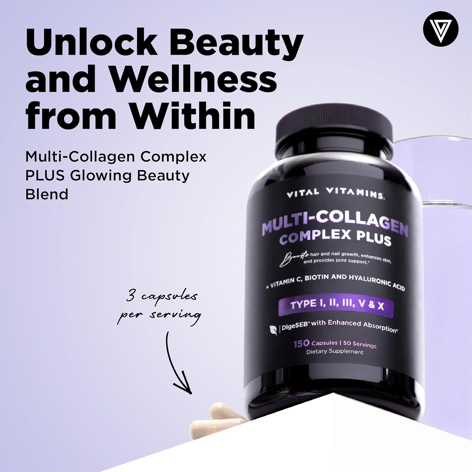 Vital Vitamins Multi Collagen ComTLex TLus - with Biotin, Hyaluronic Acid, Vitamin C - Type I, II, III, V, X - for Women & Men - Hair, Skin, Nails Beauty ComTLex - 150 Capsules