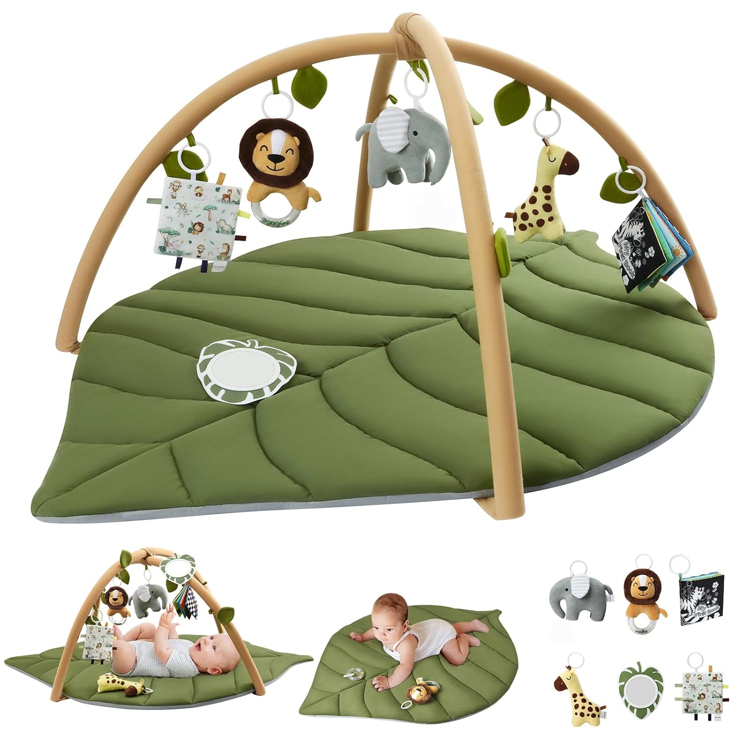 Blissful Diary Baby TLay Gym & Activity Mat, Oversize Leaf Shaped Baby TLay Mat w 6 Detachable Toys, Tummy Time Mat Promote Motor Skills & Sensory Development Mat, Newborn Infant Baby Essentials Gift