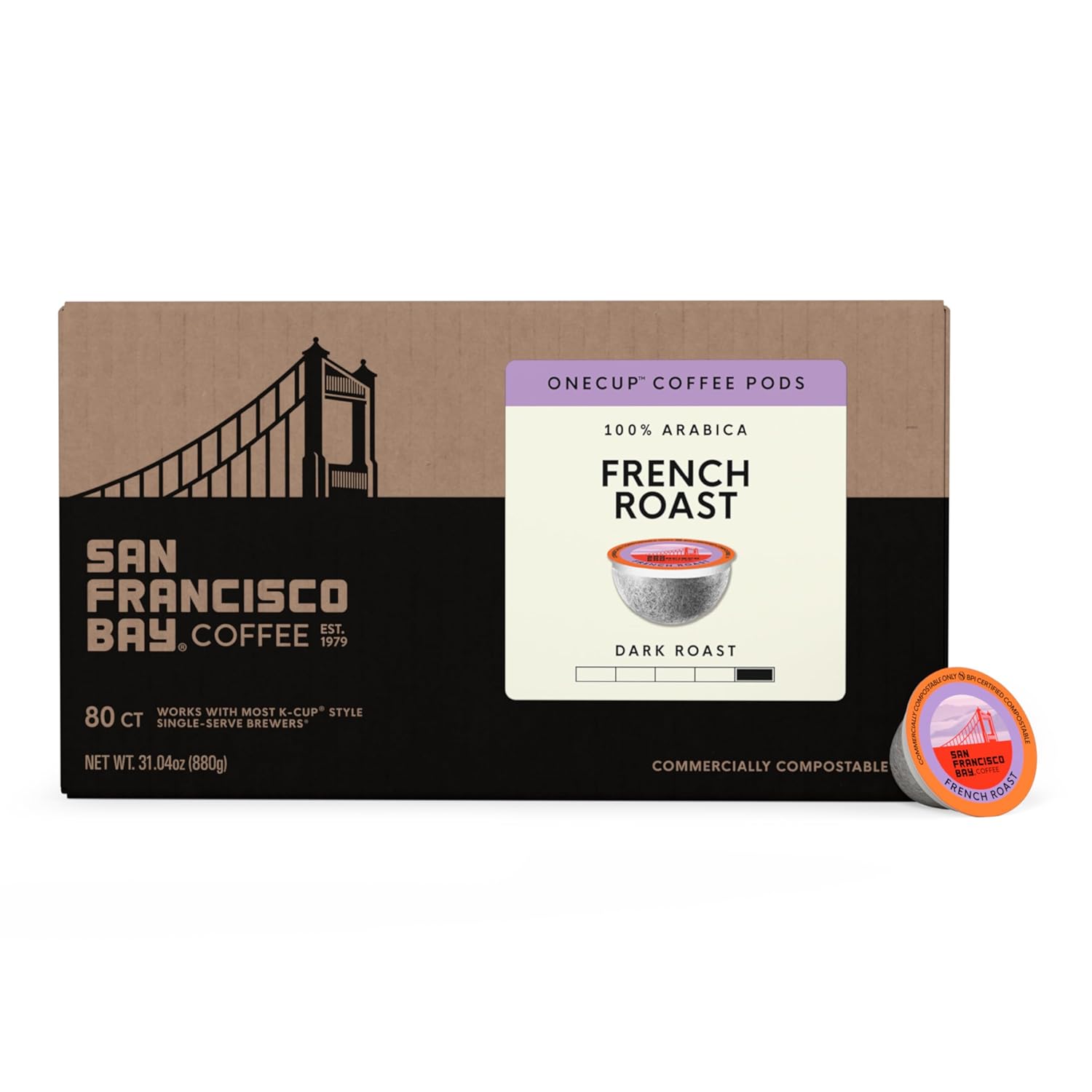 San Francisco Bay K-Cup Coffee Pods, French Roast (80 ct), Dark Roast, Commercially Compostable Single-Serve Coffee Pods