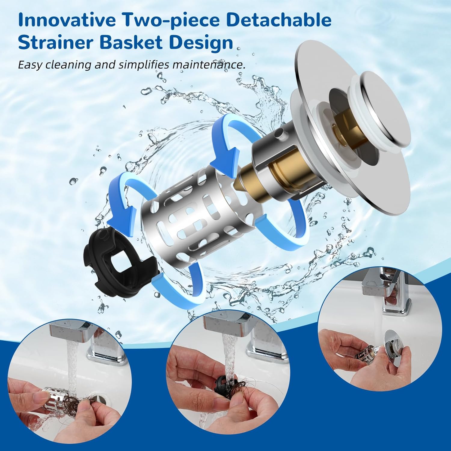 Hibbent Upgraded 3 in 1 Bathroom Sink Drain Strainer, Universal Pop Up Stopper with Removable Stainless Steel Filter Basket Hair Catcher, Sink TLug for 1.1''~2.36'' Basin, Brass Bullet Core, Chrome