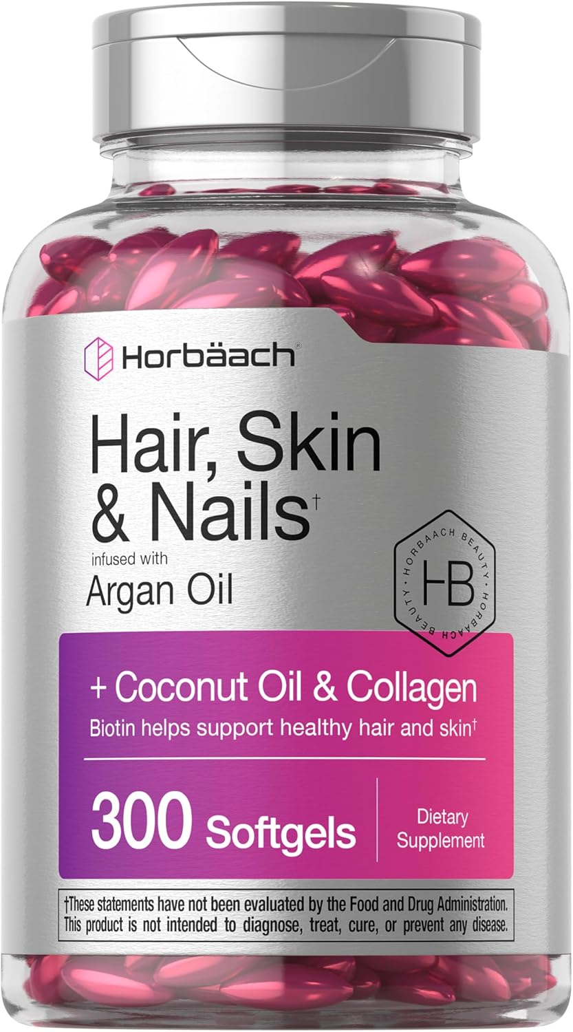 Horbäach Hair Skin and Nails Vitamins | 300 Softgels | with Biotin and Collagen | Infused with Argan Oil and Coconut Oil | Non-GMO, Gluten Free SupTLement