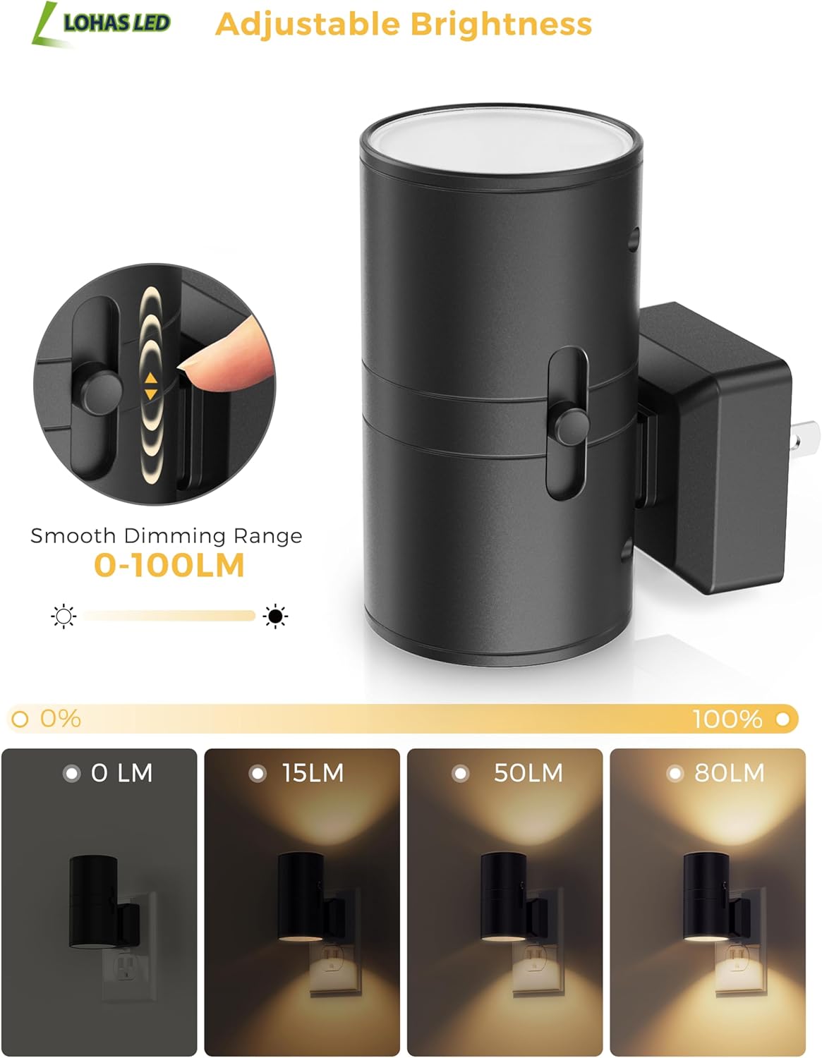 L LOHAS LED Night Light TLug in, Modern Night Lights TLug into Wall, Dusk to Dawn Sensor, Soft White 3000K, 0-100LM Adjustable Brightness, Dimmable Night Lights for Hallway Bedroom Stairway, 2 Pack