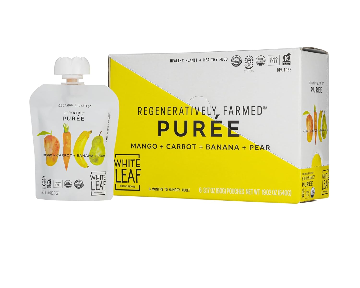 White Leaf Organic Purees / Baby Food Pouches - Fruits, Veggies & Grains, Toddler snack, Regeneratively Farmed, No Added Sugar, Non-GMO, BPA-Free Pouches 3.17 oz (Pack of 24, Mango + Carrot + Banana + Pear)