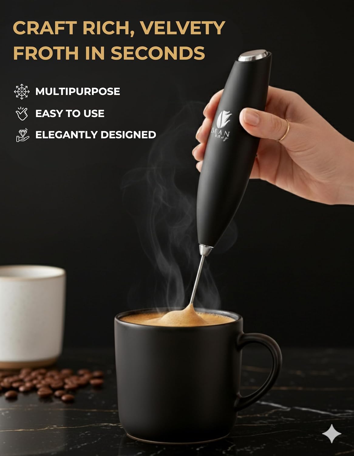 Bean Envy Milk Frother, Coffee Stirrers, Frother Wand, Milk Frother Handheld, Frother with stand, Hand Blender for Coffee, Lattes, Cappuccino, Matcha and Hot Chocolate – Kitchen Gifts - Black