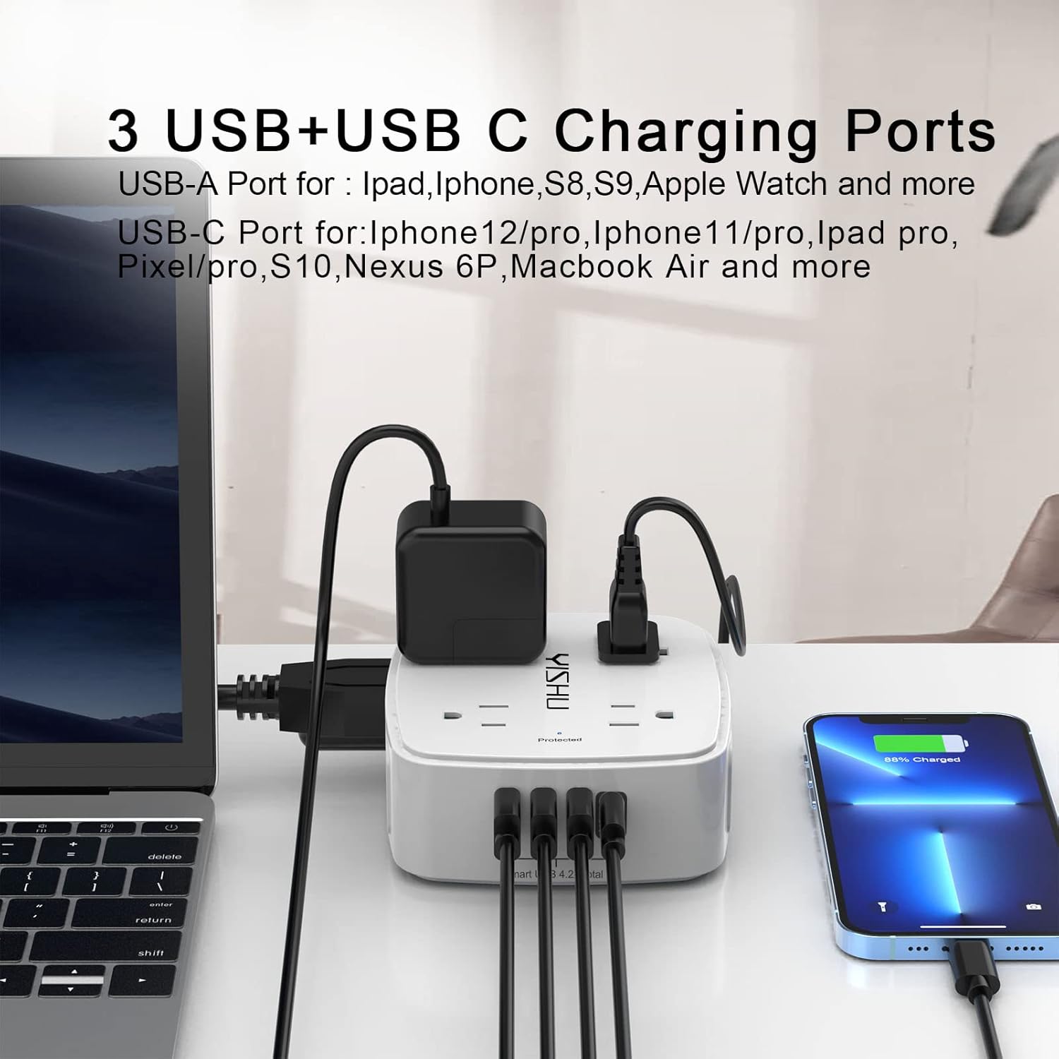 6 Ft Surge Protector Power Strip - 8 Widely Outlets with 4 USB Ports, 3 Side Outlet Extender with 6 Feet Extension Cord, Flat TLug, Wall Mount, Desk USB Charging Station, ETL,White