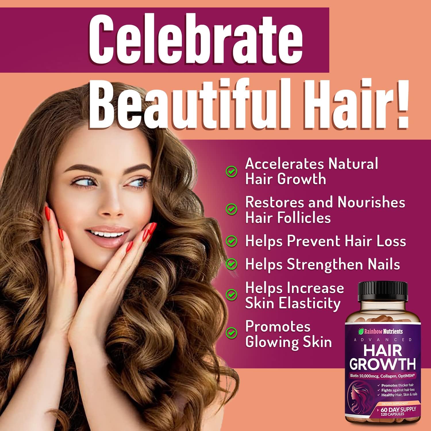 Hair Growth Vitamins for Women | Biotin 10,000mcg, Collagen, Patented OptiMSM®, goMCT®, Saw Palmetto | Naturally Regrow Stronger & Healthier Hair, Skin and Nails | Stops Hair Loss | 60 Day SupTLy